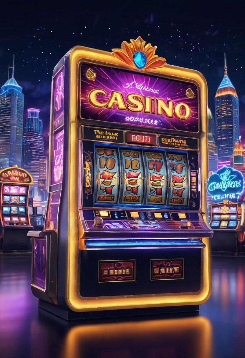 A vibrant and alluring depiction of a digital casino filled with glowing online slot machines, each one showcasing different captivating themes like fruit, treasure, and adventure. In the foreground, a bright, oversized golden key represents 'unlocking secrets' with magical sparkles surrounding it. The background features a virtual neon city skyline, connecting the excitement of online gaming with casino vibes. super-realistic. vibrant colors. 3D.