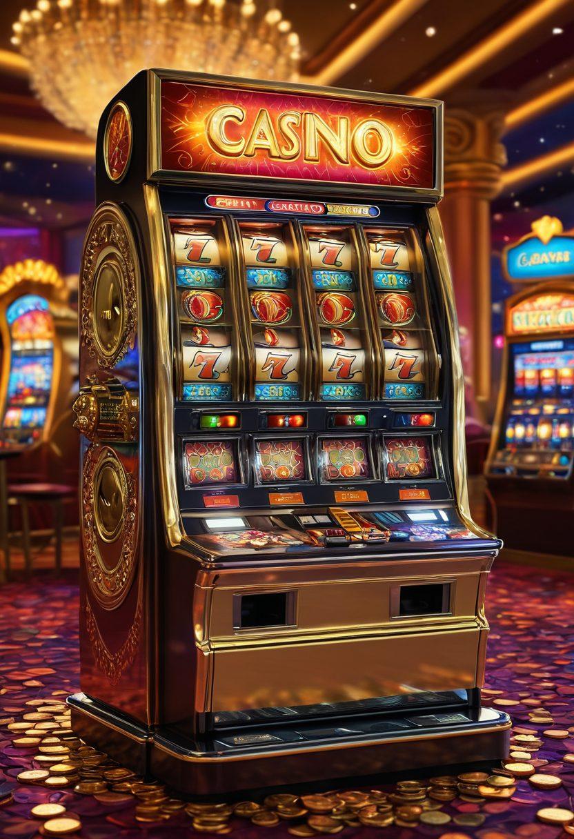 A captivating scene showcasing a gleaming penny slot machine surrounded by colorful coins spilling out, vibrant lights reflecting off the machine. In the background, a stylish casino interior with people joyously celebrating their wins, adding to the excitement. Overlayed with subtle hints of online gaming elements like digital chips and virtual banners. super-realistic. vibrant colors. casino ambiance.
