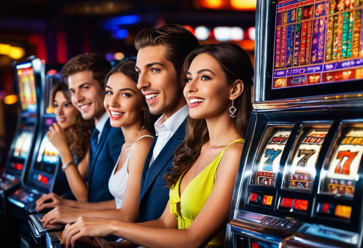 A dynamic scene featuring a diverse group of enthusiastic players at a penny slot machine casino, showcasing a contrast between a novice looking confused and a confident pro celebrating a win. The machines are brightly lit, with colorful graphics and coins spilling out. Include dynamic motion lines to convey excitement, and elements like a 'Jackpot' banner in the background. vibrant colors. super-realistic.